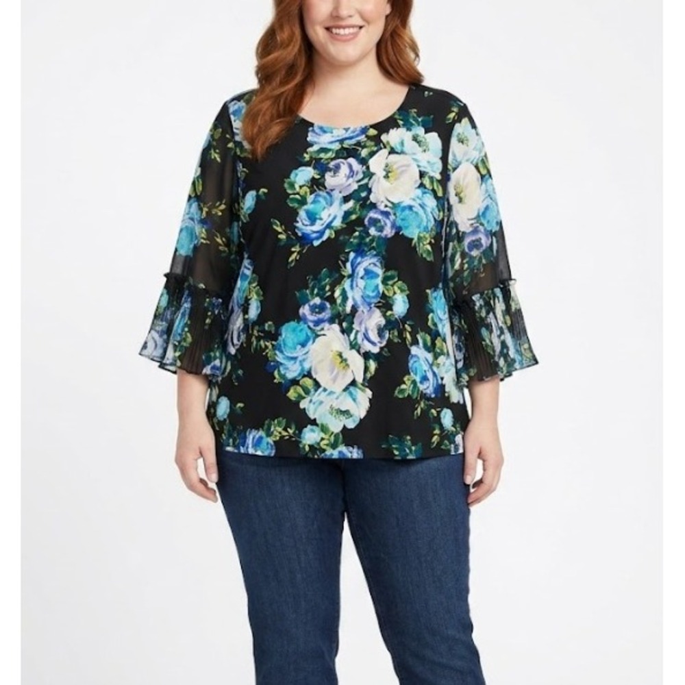 JM Collection Floral Blouse XXL Black Blue Pleated Bell Sleeve Feminine